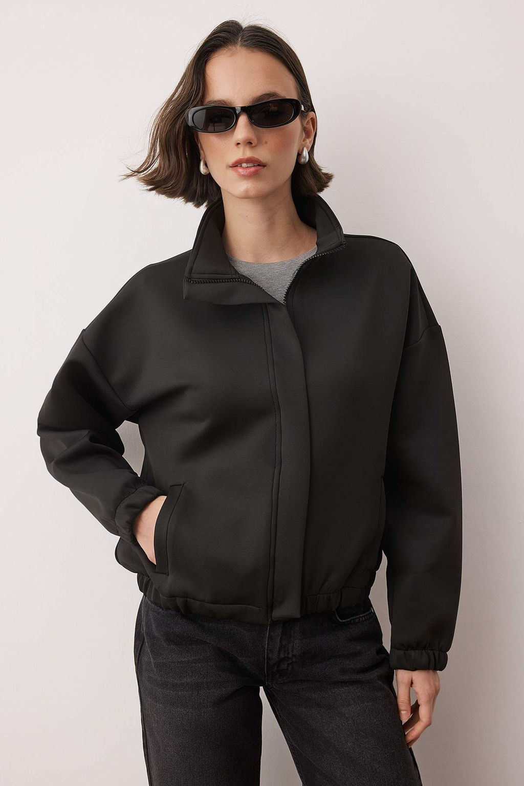 Siyah Bomber Relaxed/Rahat Kal?p Dalg?c/Scuba Orme Ceket TWOAW26CE00085