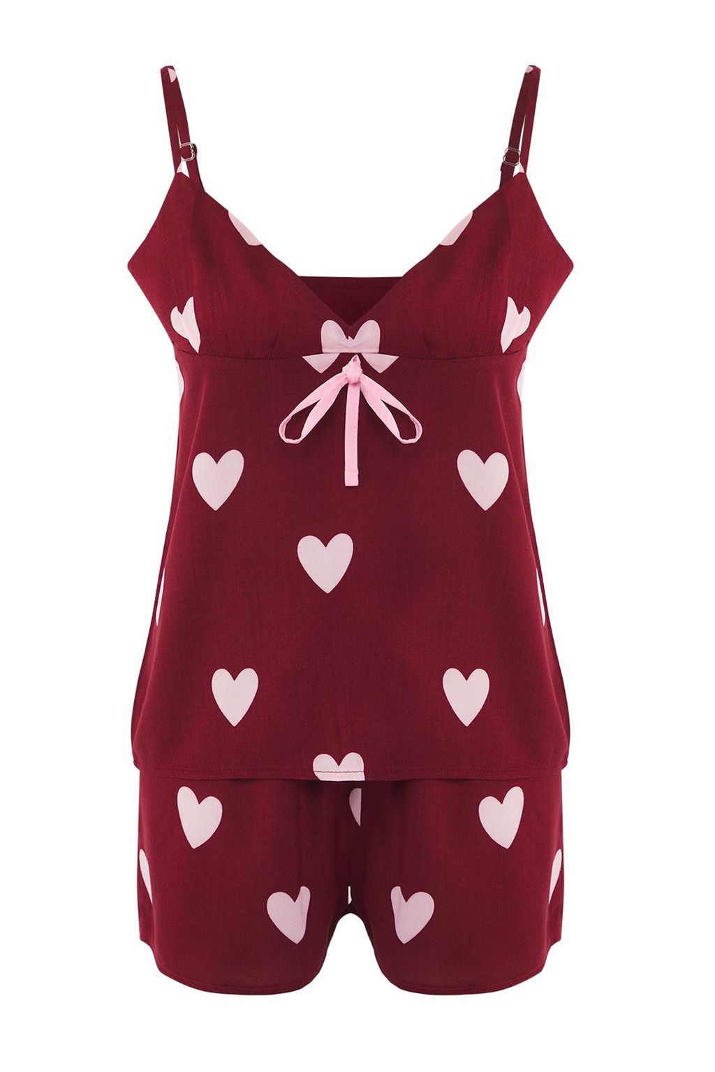 Trendyolmilla Bordo Kalpli Baglamal?/Fiyonklu Viskon Sortlu Dokuma Pijama Tak?m? THMSS25PT00037