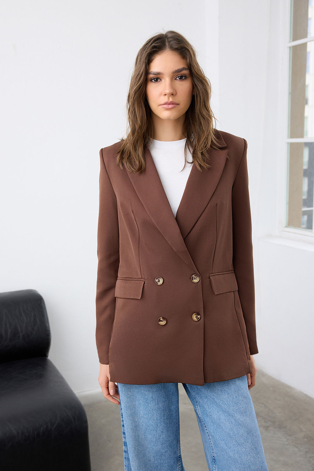 Kahverengi Oversize Astarl? Dugmeli Dokuma Blazer Ceket TWOAW22CE0167