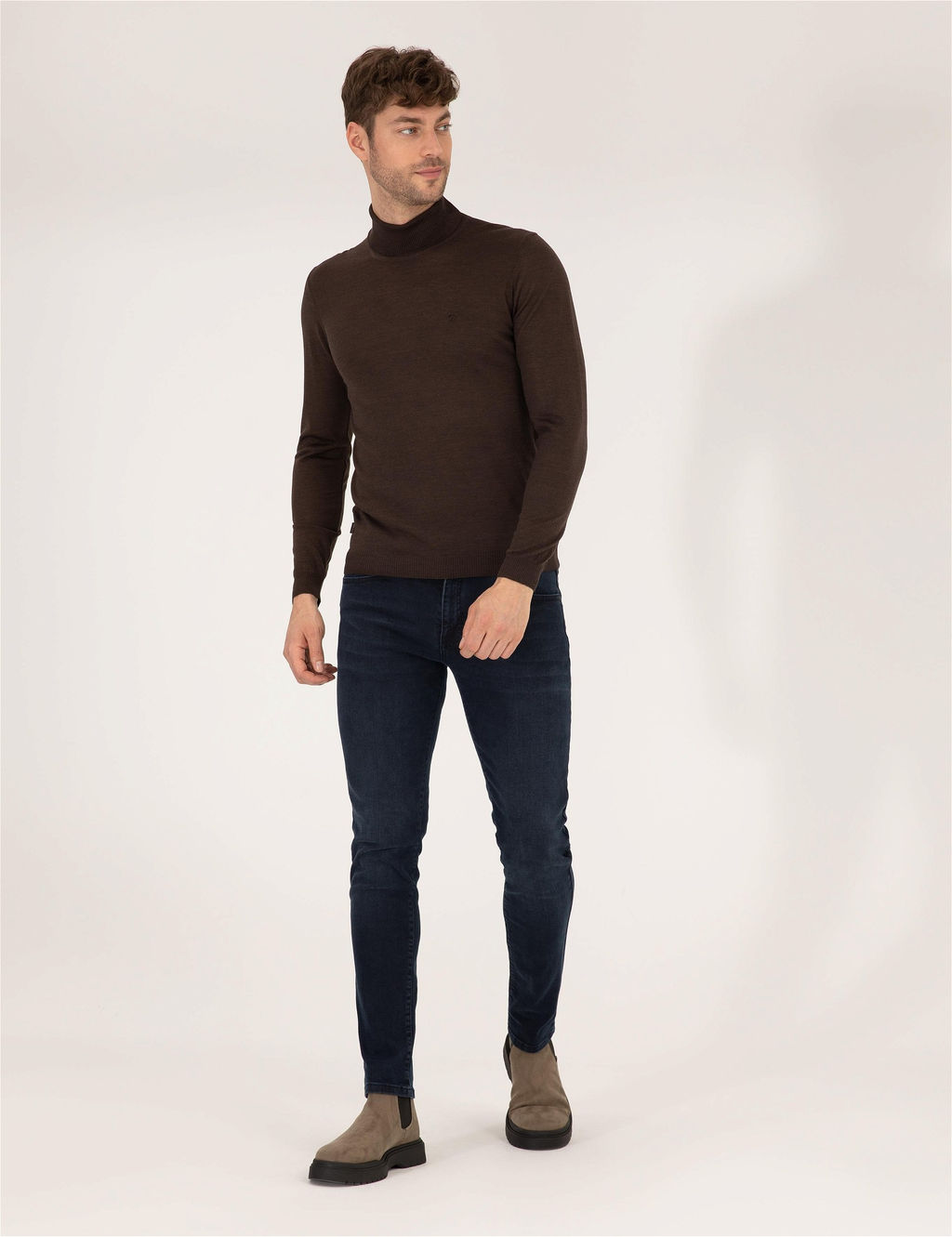 Kahverengi Slim Fit Bal_k__ Yaka Y_n Kar___ml_ Basic Triko Kazak - Pierre cardin фото 4