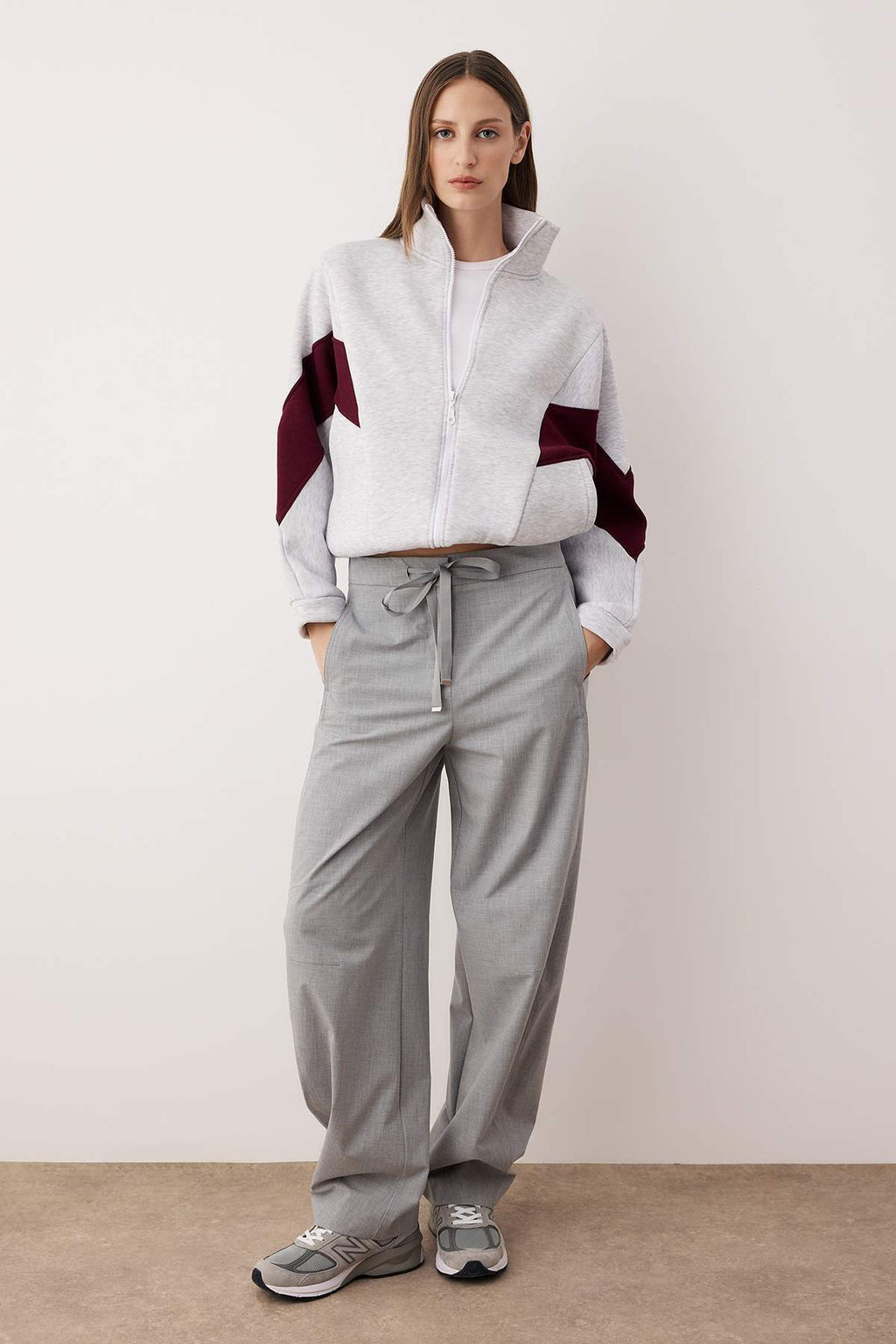 Gri Melanj Bordo Renk Bloklu Fermuarl? Dik Yaka Oversize Bomber Orme Sweatshirt TWOAW26SW00037