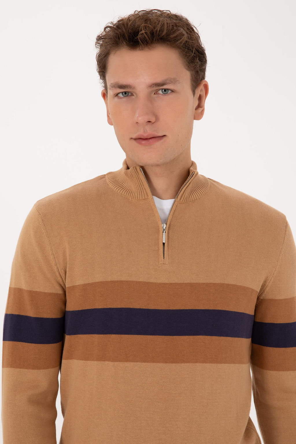Erkek Regular Fit Yar_m Fermuarl_ Camel Kazak - U.s. polo assn фото 2