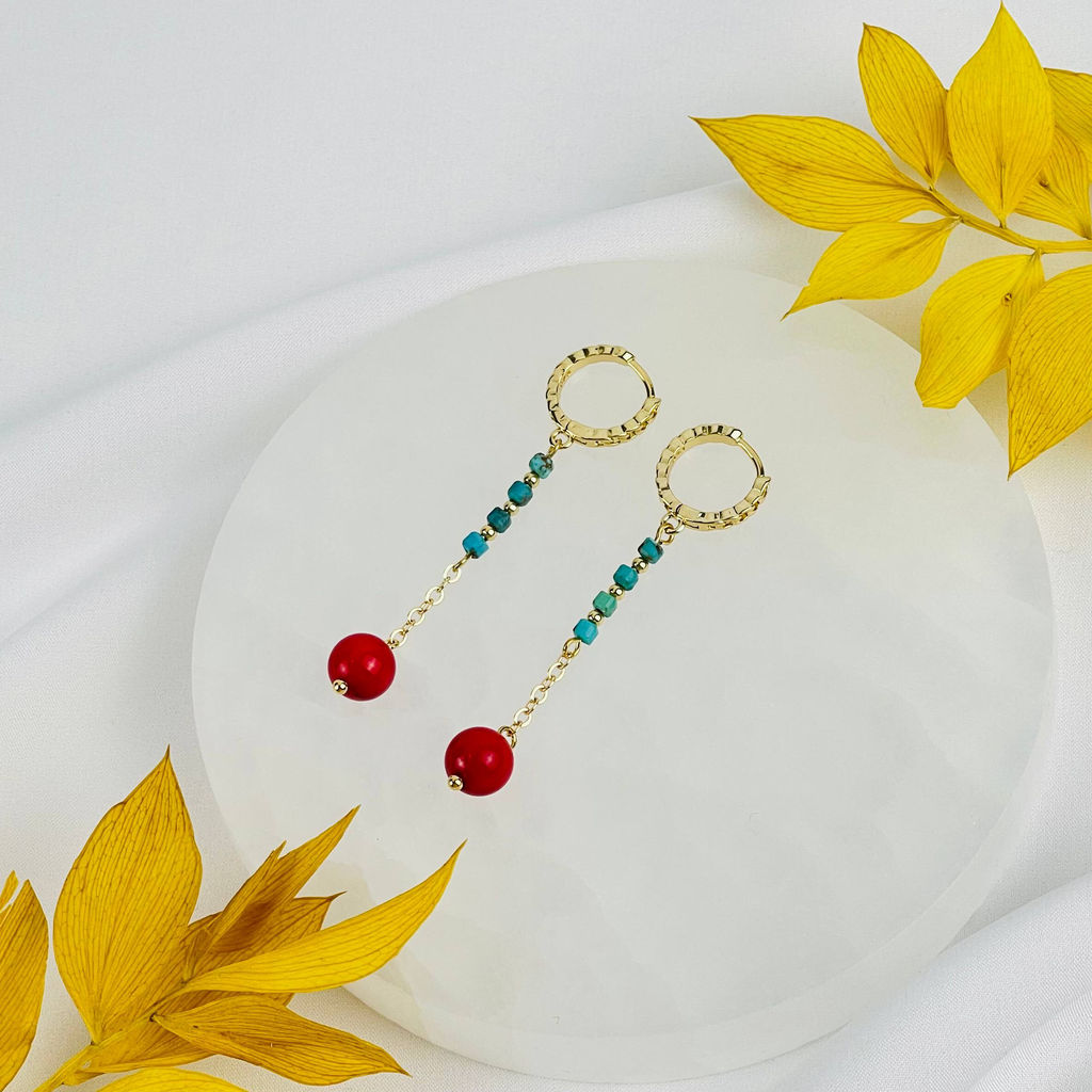 Серьги длинные из Коралла и Бирюзы - Радуга самоцветов фото 2