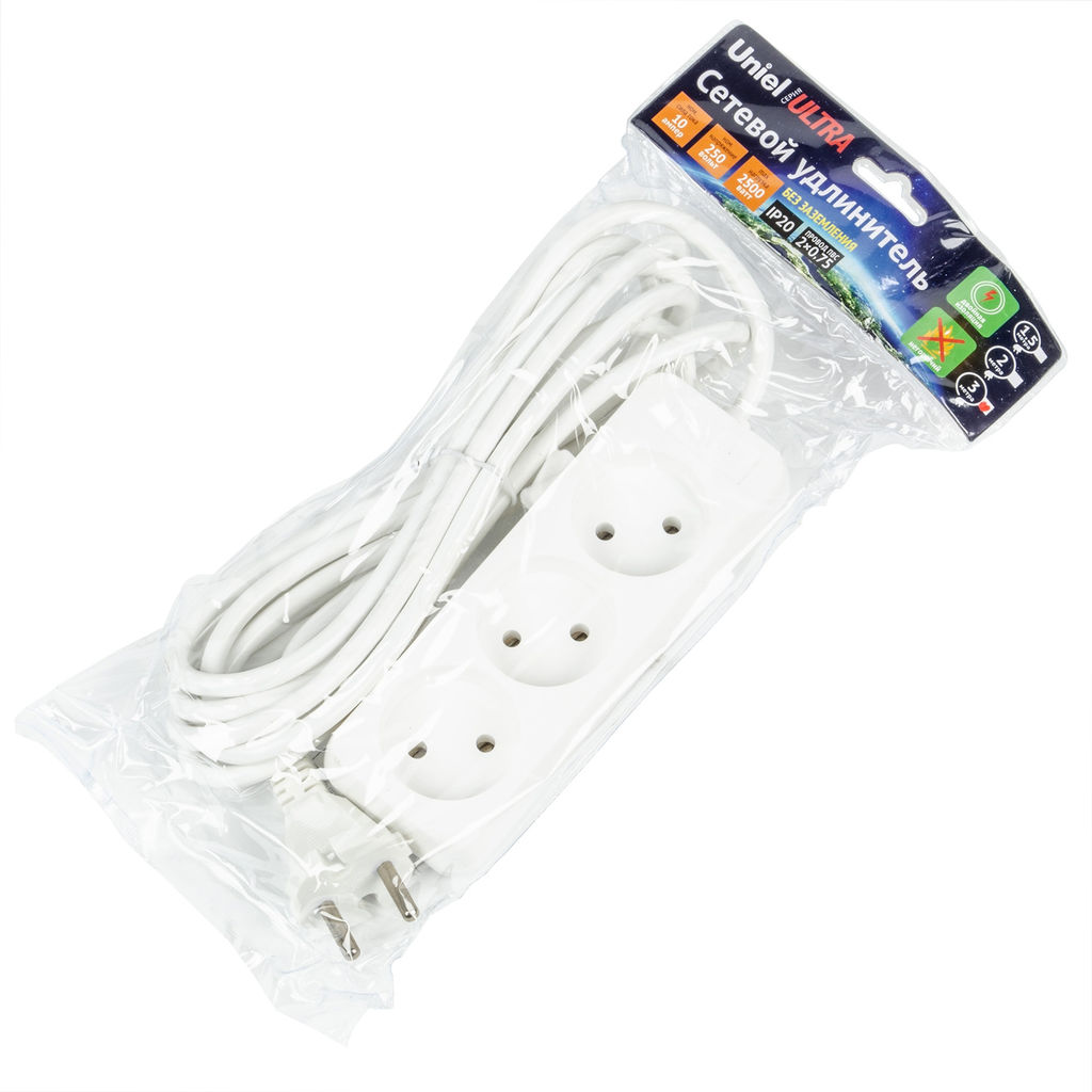 S-CU3-3 WHITE Удлинитель серии Ultra, шнур 3м., 3 гнезда, 10A, б/з. Белый. TM Uniel