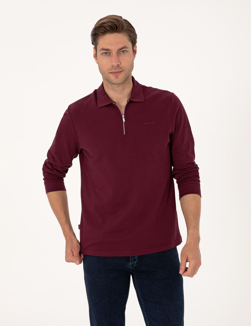 Bordo Slim Fit K_vr_lmaz Fermuarl_ Polo Yaka Basic Pike Sweatshirt