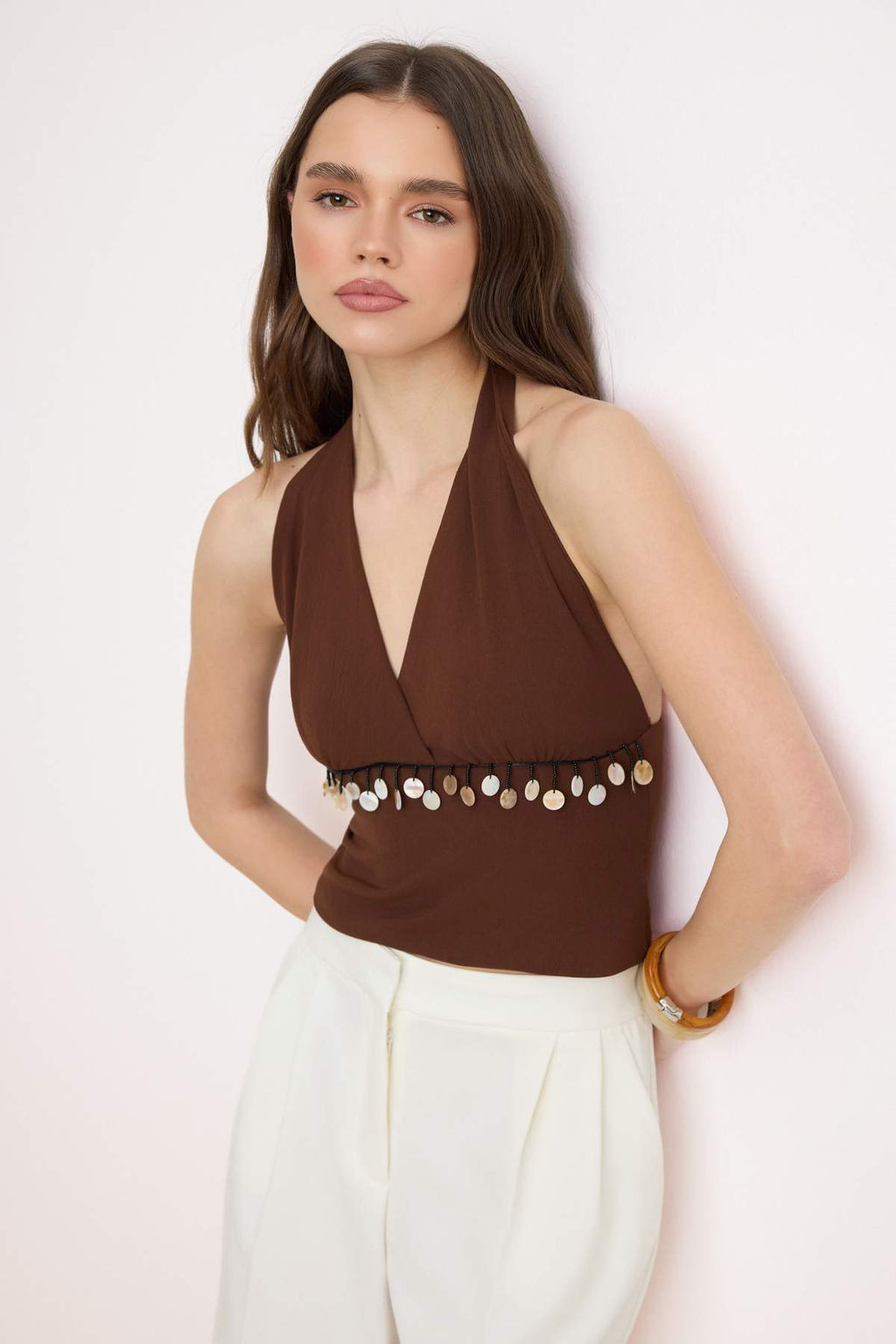 Kahverengi Boncuk Detayl? Boyundan Baglamal? Dokuma Bluz TWOSS26BZ00539