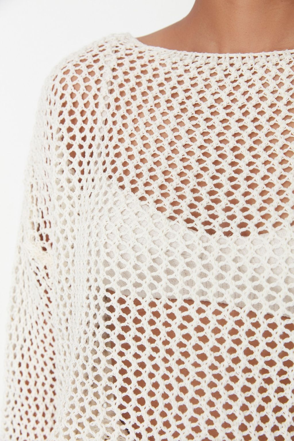 Ekru Ekstra Genis Kal?p Pamuklu Ajurlu/Delikli Triko Kazak TWOAW20FV0184