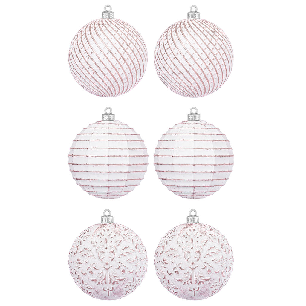 Набор 6 новогодних шаров 9,5*9,5 см "Винтаж" розовый с эффектом старины