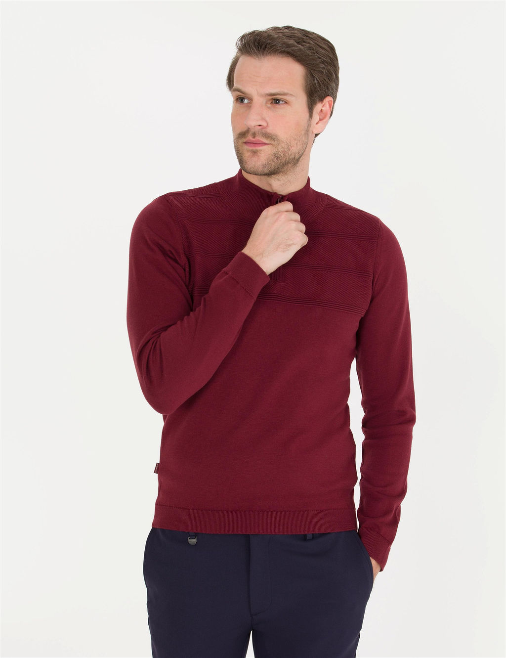 Bordo Slim Fit Yar_m Bal_k__ Yaka Triko Kazak