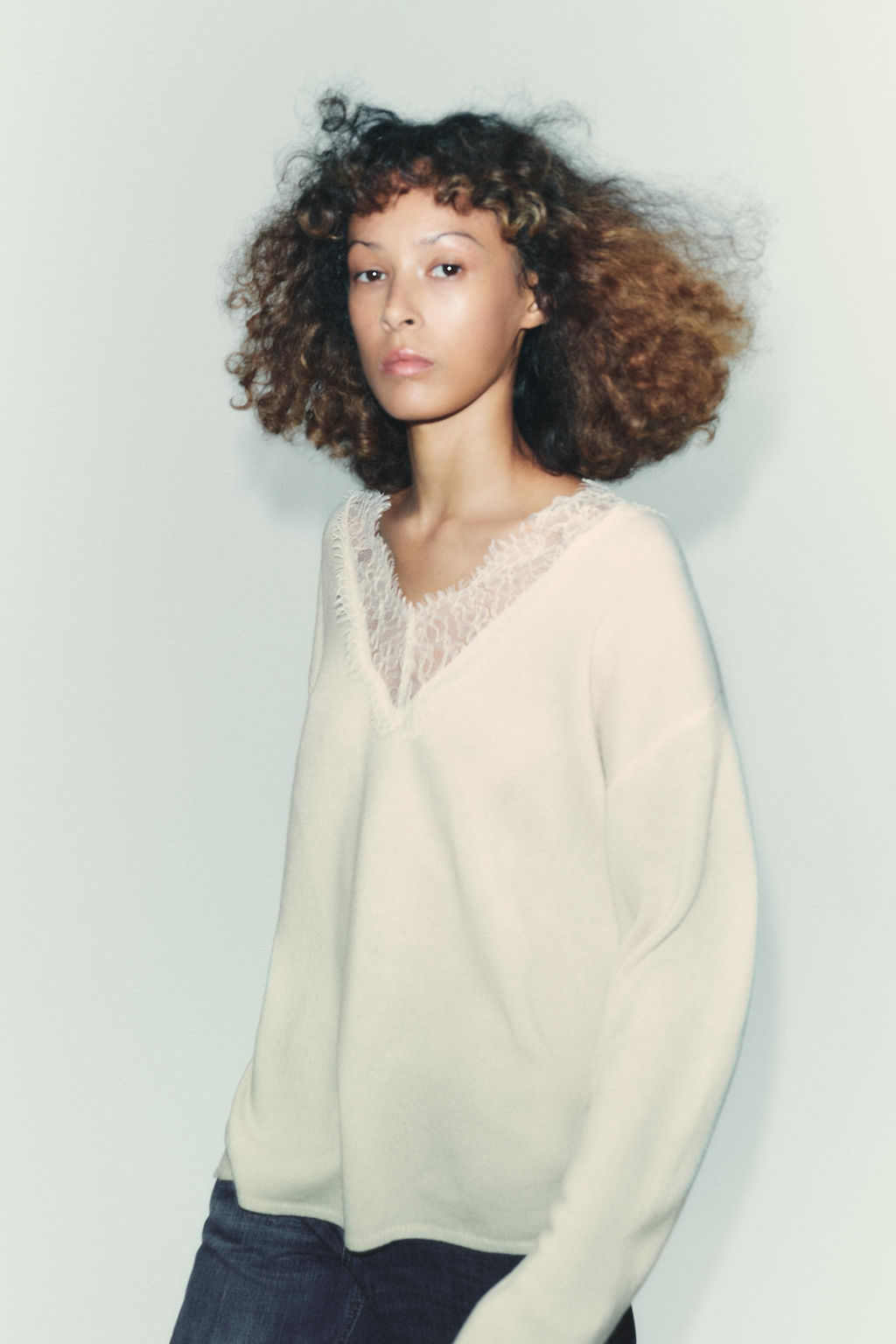 WOOL BLEND LACE KNIT SWEATER