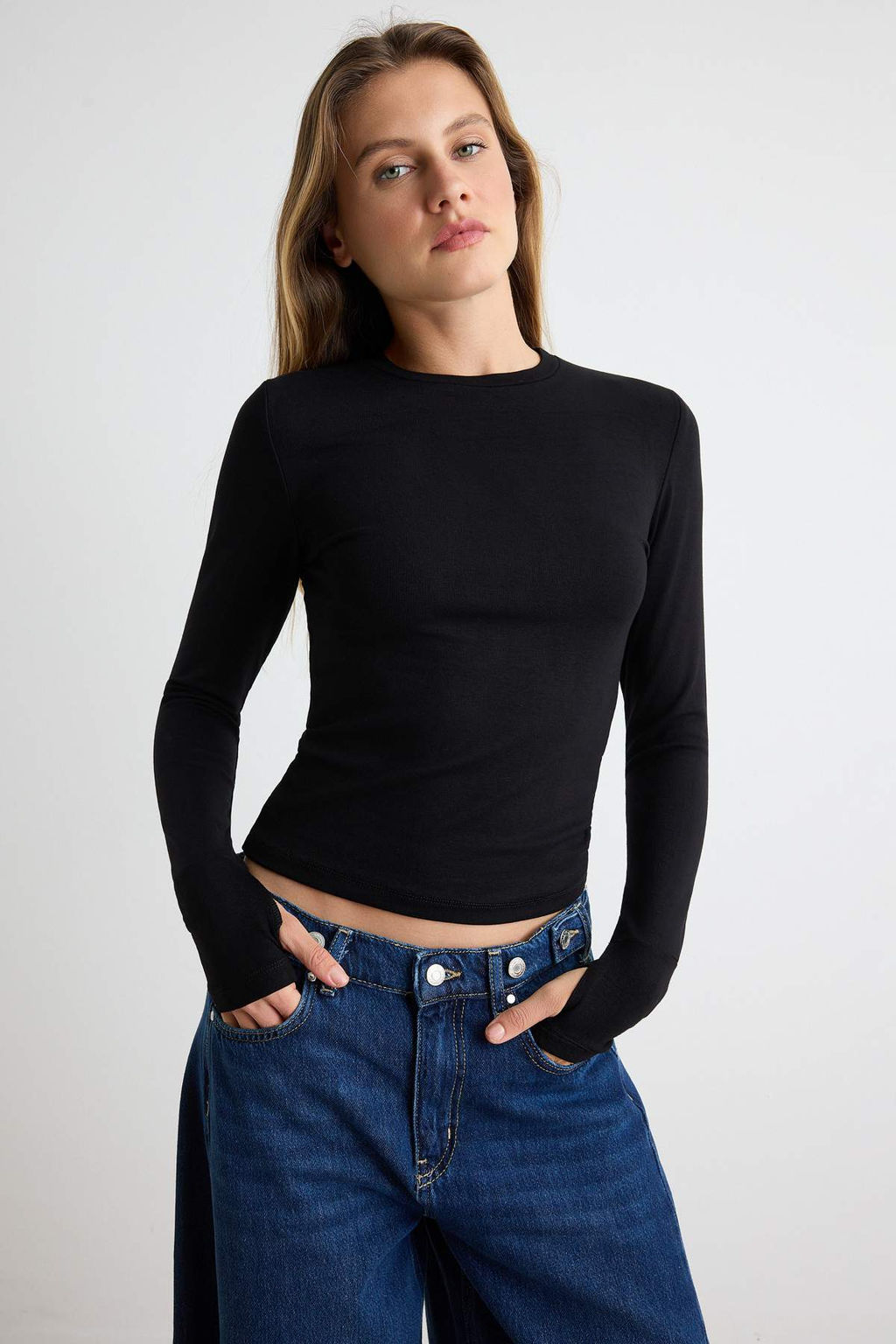 Siyah-Ekru 2li Paket Parmak Ge_meli D_z Fitted Bisiklet Yaka Yumu_ak _rme Bluz TWOAW27BZ00064 - Trendyolmilla фото 2