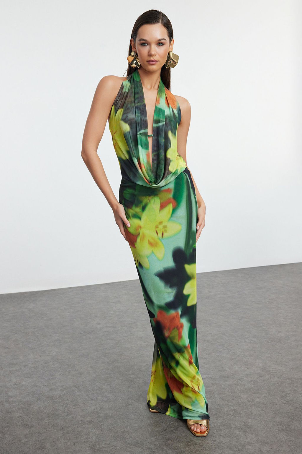 TRENDYOLMILLA Cok Renkli Cicek Desenli Orme Tul Uzun Gece Abiye Elbise TPRSS24AE00261 фото 5