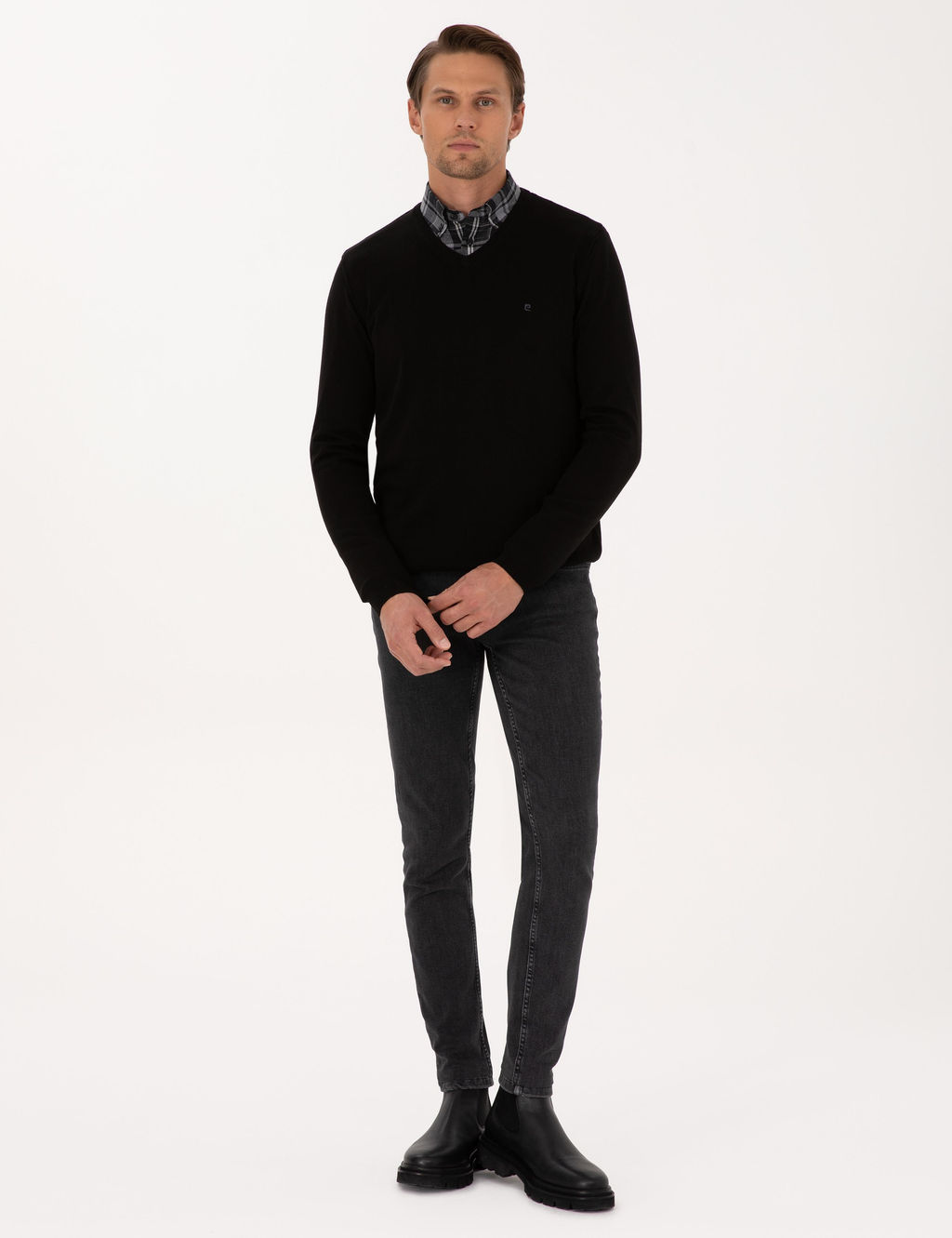 Siyah Slim Fit V Yaka Basic Triko Kazak - Pierre cardin фото 4