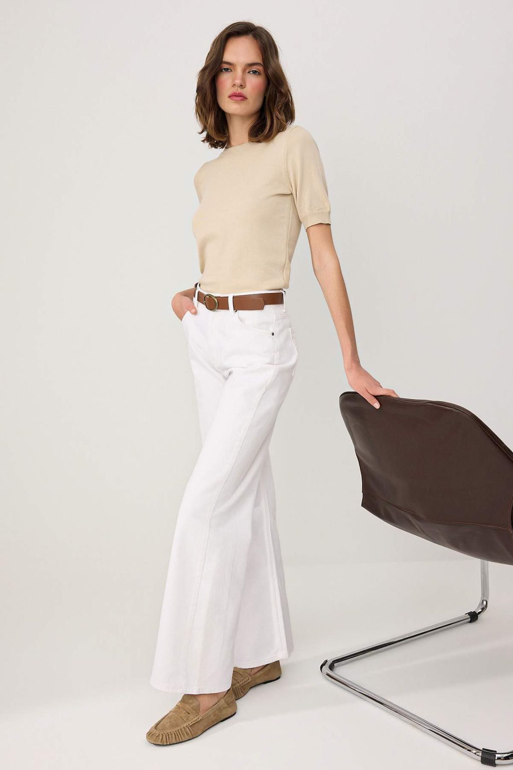 Beyaz Kemerli Yuksek Bel Wide Leg Genis Paca %100 Pamuk Non-Stretch Jeans TWOSS26JE00323 - Trendyolmilla фото 2