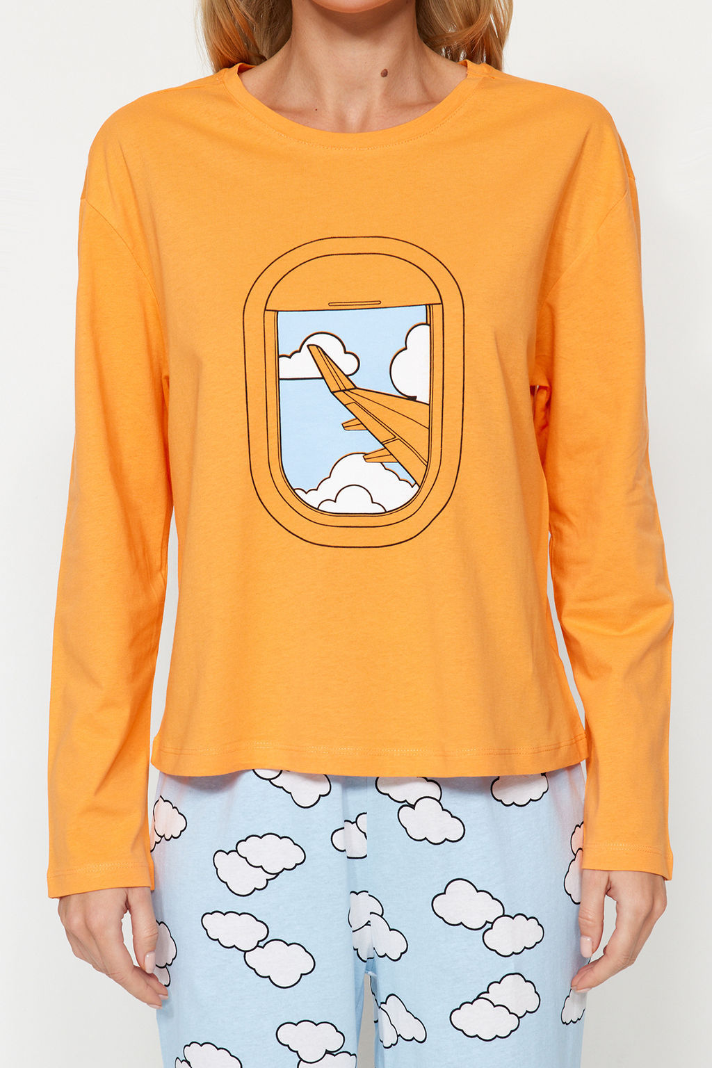 Turuncu %100 Pamuklu Bulut Desenli Tshirt-Jogger Orme Pijama Tak?m? THMAW24PT00005 - Trendyolmilla фото 4