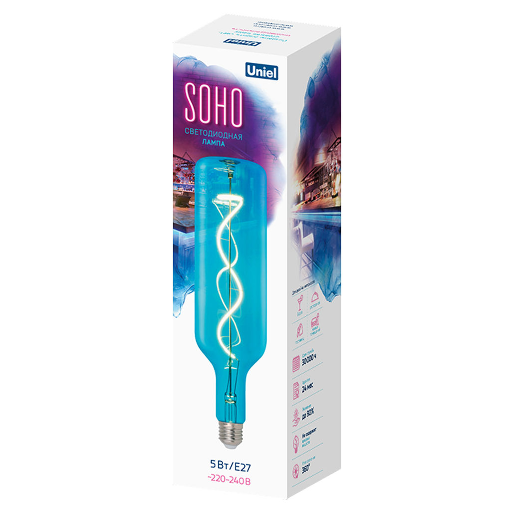 LED-SF21-5W/SOHO/E27/CW BLUE GLS77BL Лампа светодиодная SOHO. Синяя колба. Спиральный филамент. Картон. ТМ Uniel