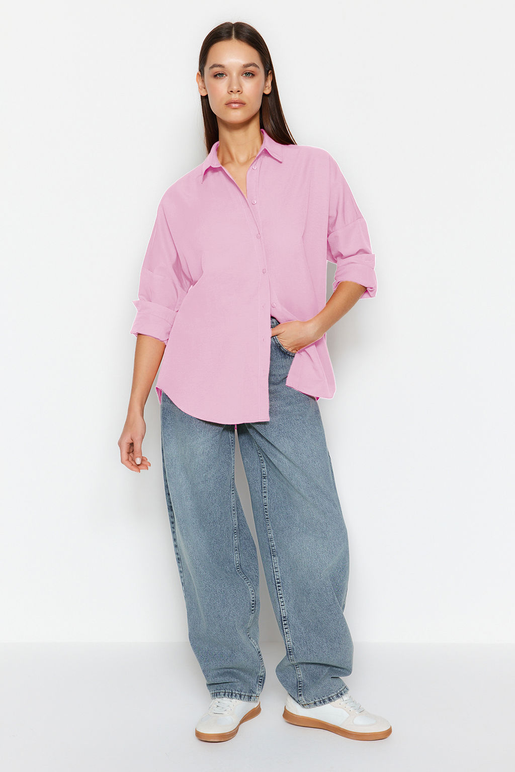 Pembe Pamuklu Oversize Genis Kal?p Dokuma Gomlek TWOSS22GO0669
