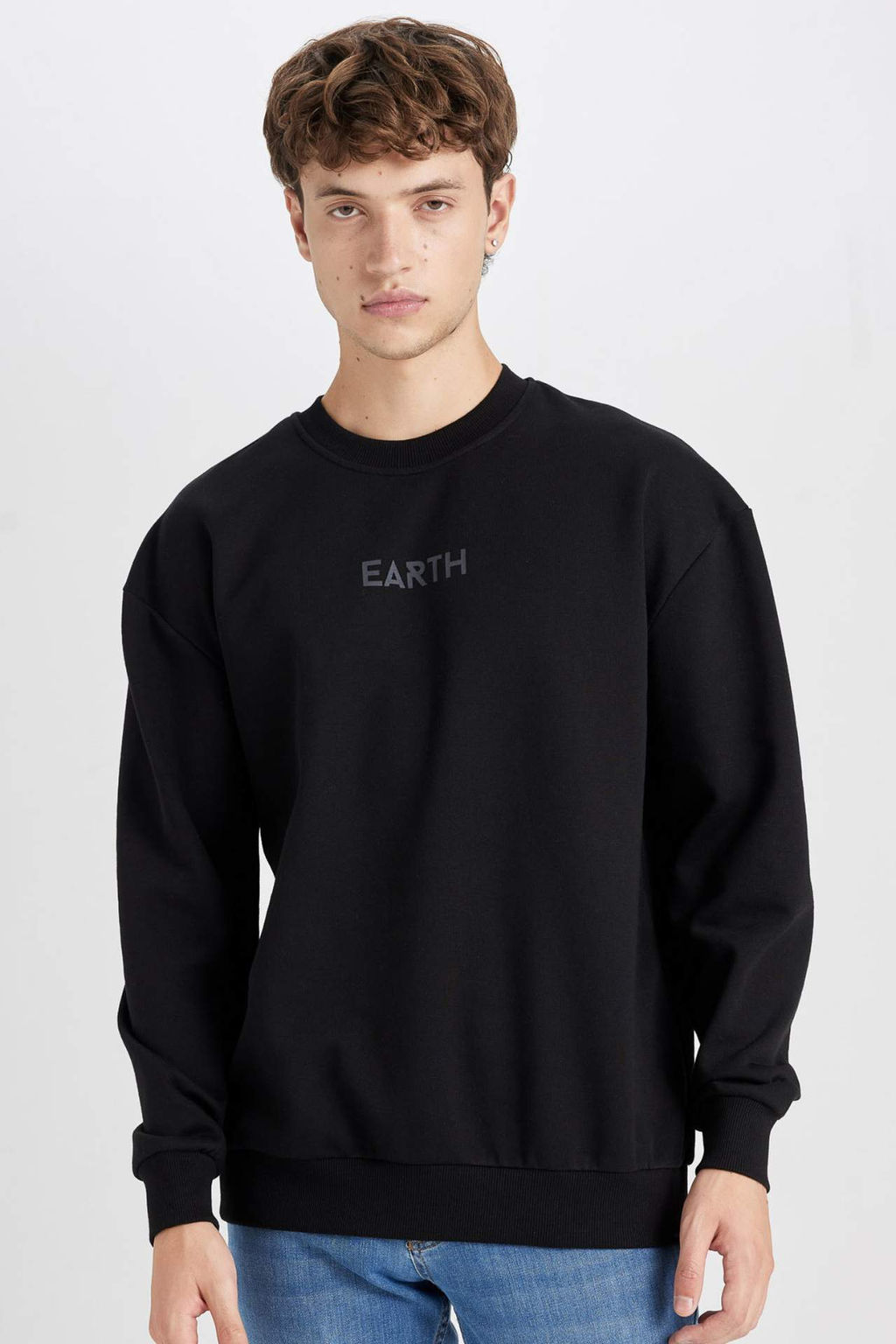 Boxy Fit Bisiklet Yaka Bask?l? Sweatshirt - Defacto фото 2