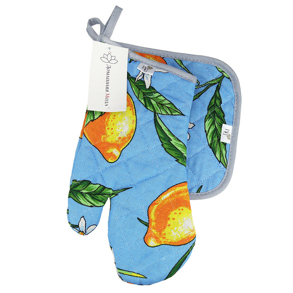 Кухонный комплект Лимон, вид 4: прихватка-варежка 15х30см + прихватка 20х20см, рогожка 171г/м2, хлопок 100%, наполнитель - ватин 280г/м2, на пластмассовом подвесе, Домашняя мода (Россия)  фото 4