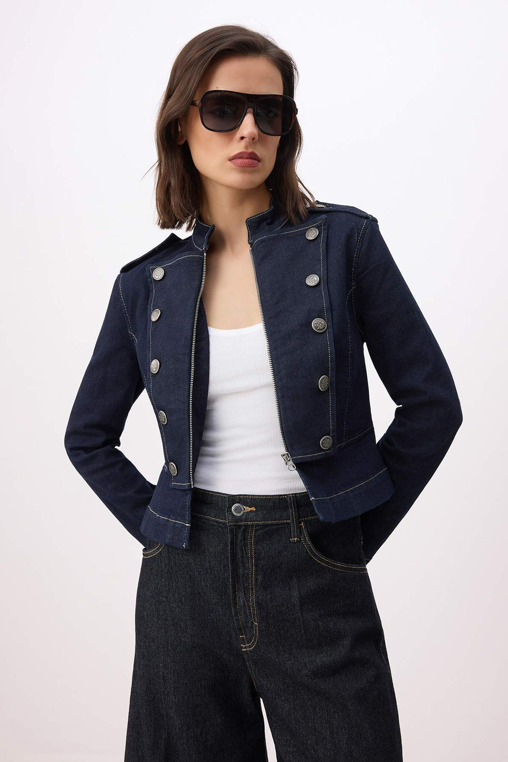 Koyu Mavi Dugme Detayl? Blazer Denim Ceket TWOSS26CE00049 - Trendyolmilla фото 2