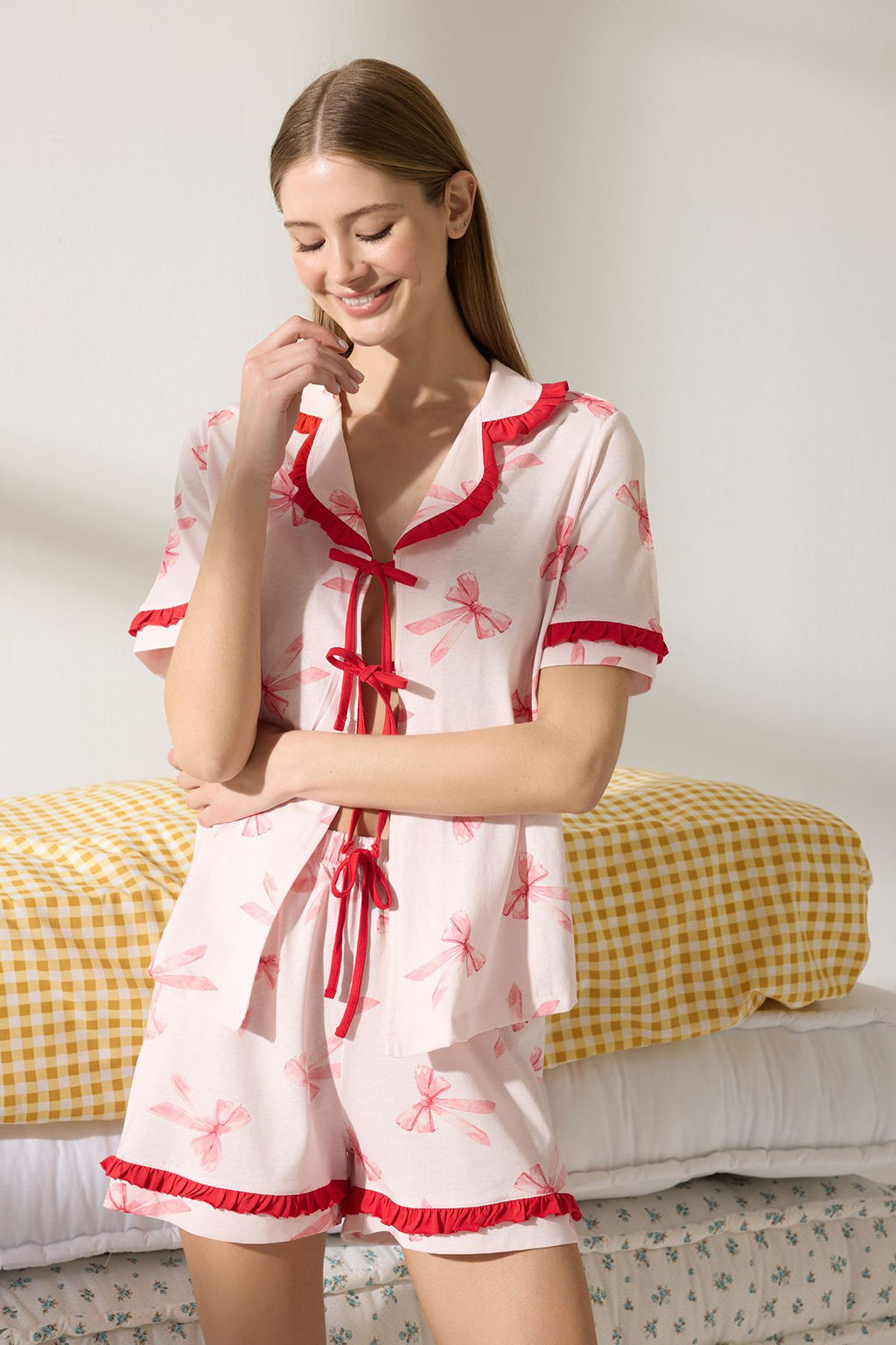 Trendyolmilla Pembe %100 Pamuklu Kurdele/Fiyonklu F?rf?rl? Sortlu Orme Pijama Tak?m? THMSS25PT00293 фото 16