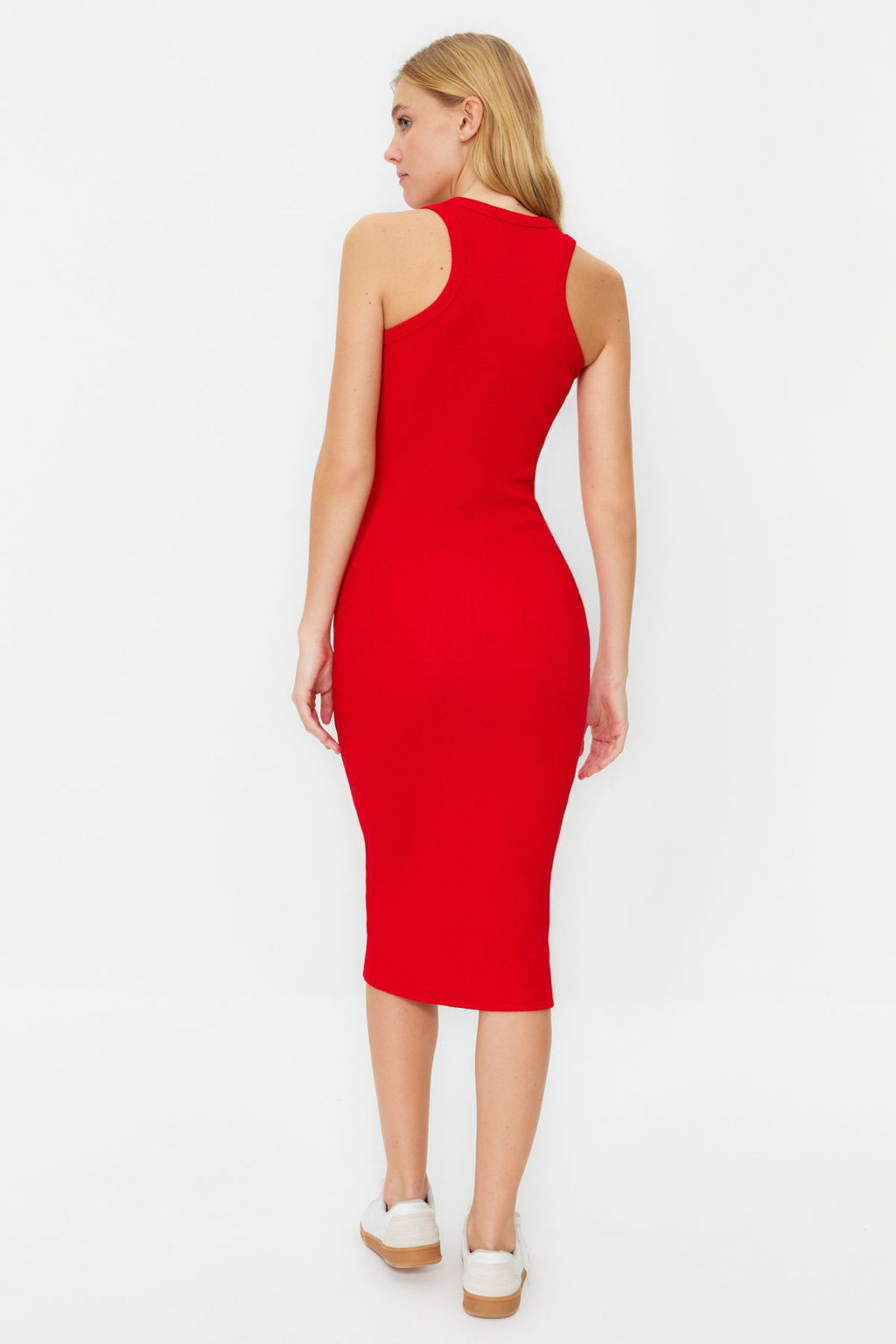 K?rm?z? Fitilli Bodycone/Vucuda Oturan Bisiklet Yaka Esnek Midi Orme Kalem Elbise TWOSS22EL1575