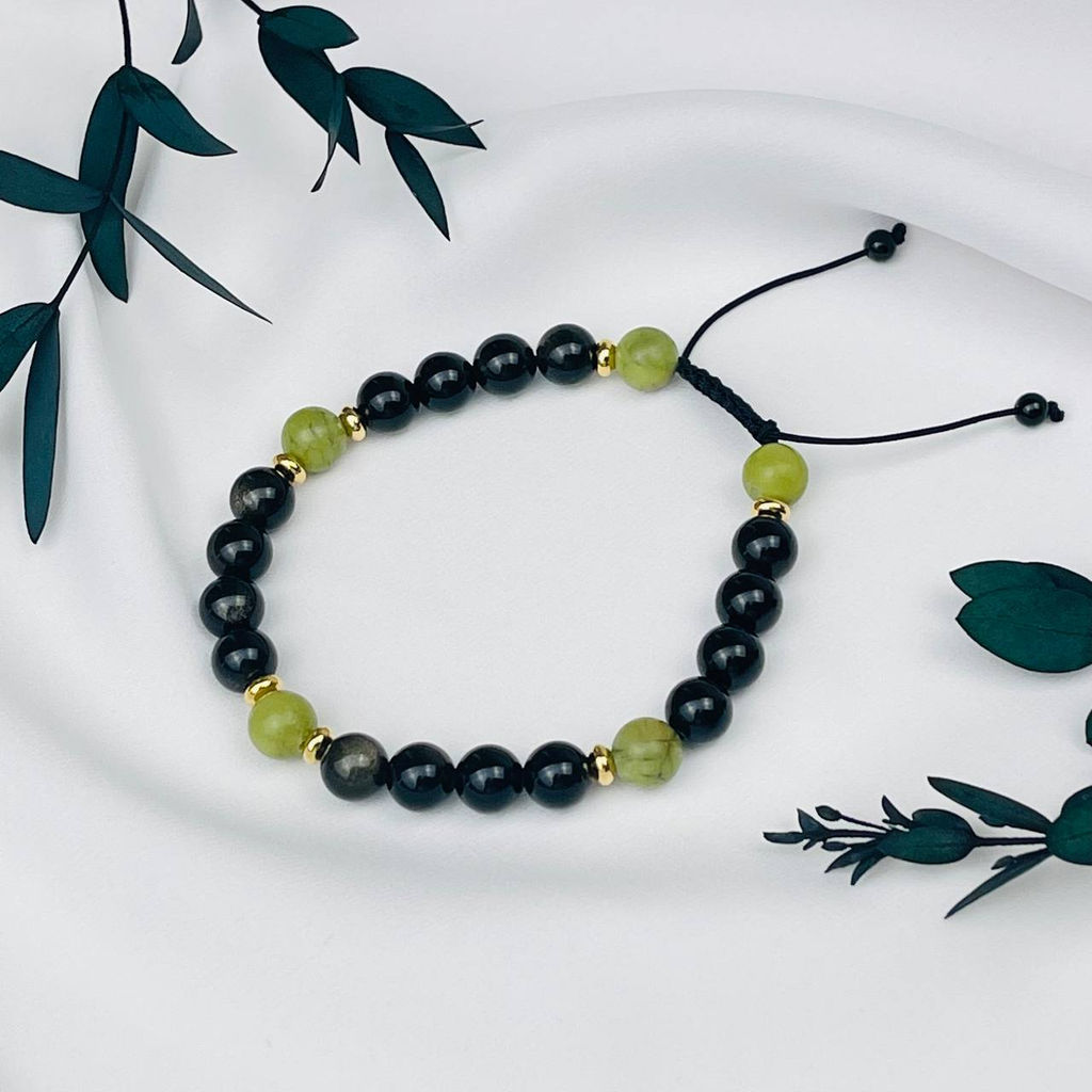 Браслет регулируемый из золотистого Обсидиана и Везувиана от 20 см