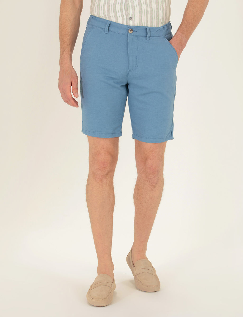Koyu Mavi Slim Fit Keten Kar___ml_ Beli Lastikli Bermuda _ort