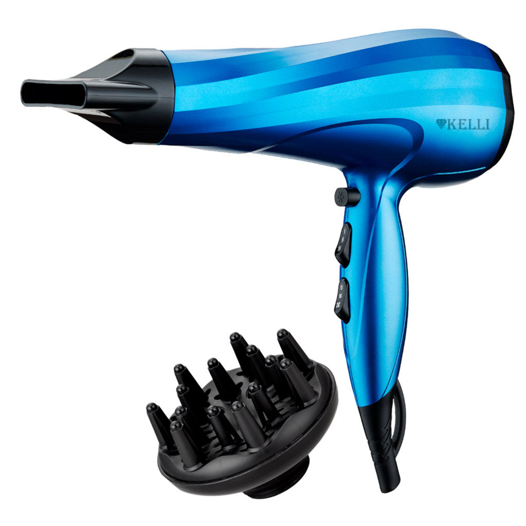 Фен для волос профессиональный "Kelli" 3 режима нагрева, 2 режима мощности потока воздуха, режим ТУРБО, холодный обдув для фиксации прически, концентратор для сушки и моделирования, дополнительная насадка-диффузор в комплекте, фильтр воздухозаборника