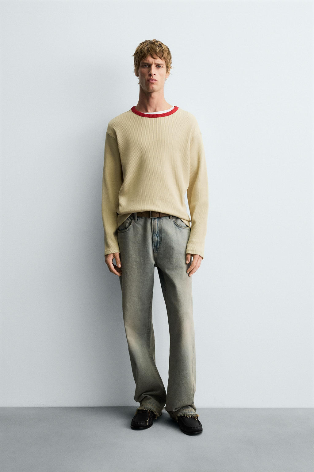 CONTRAST CHECKERED WAFFLE-KNIT T-SHIRT