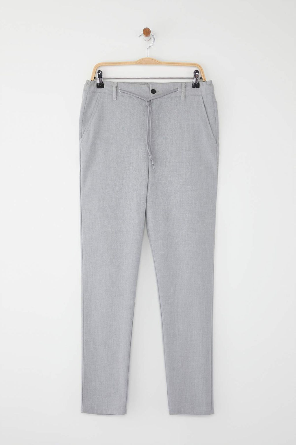 Ac?k Gri Slim Fit Beli Baglama Detayl? Lastikli Kumas Dokuma Pantolon TMNAW25PL00027