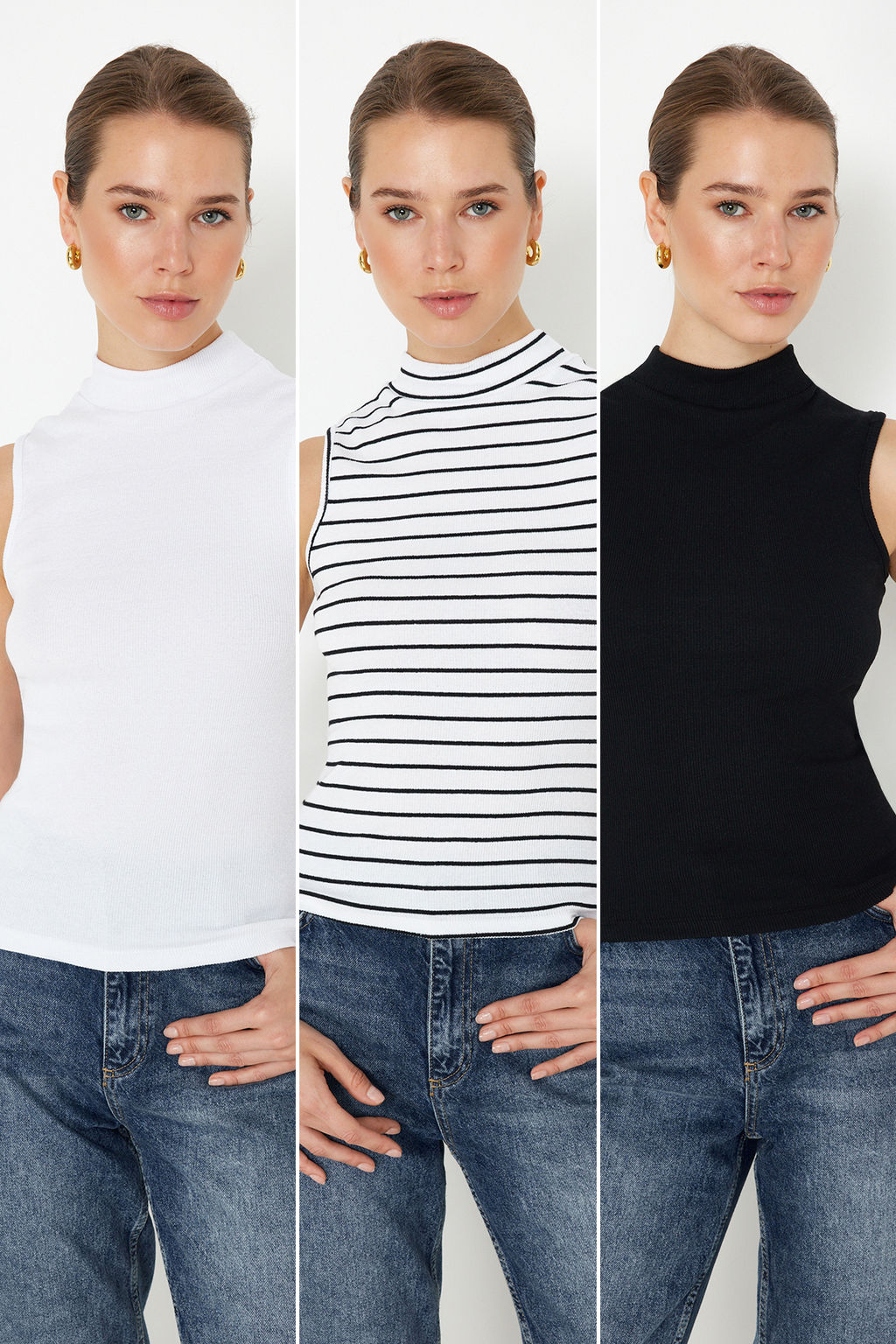 Siyah-Beyaz-Cok Renkli 3Lu Paket Fitted/Vucuda Oturan Fitilli Esnek Orme Bluz TWOSS24BZ00560