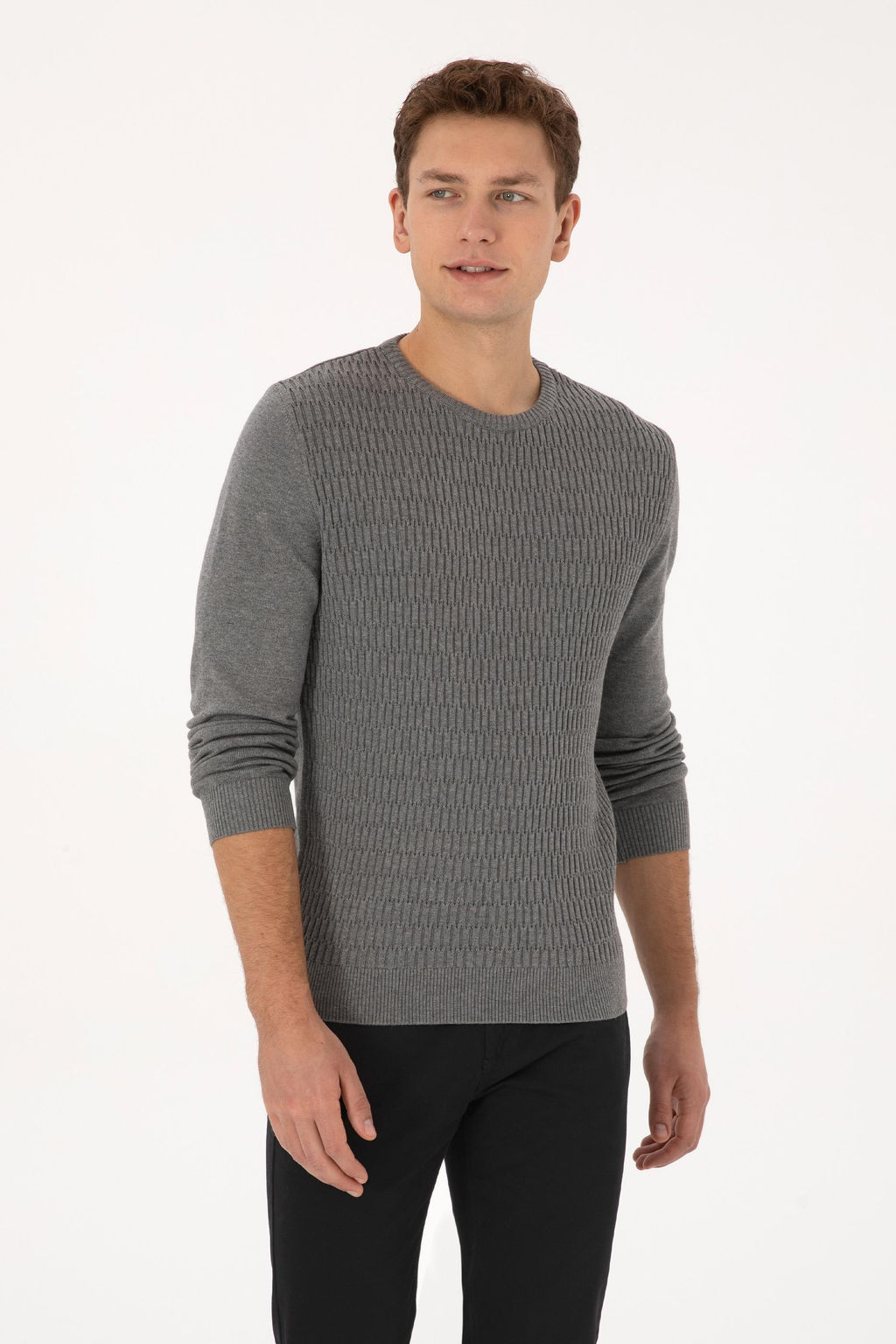 Erkek Regular Fit Bisiklet Yaka Gri Melanj Desenli Kazak - U.s. polo assn фото 3