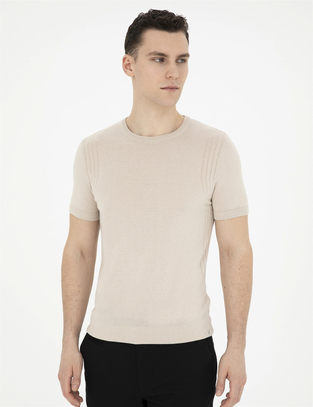 Bej Slim Fit Bisiklet Yaka Triko Ti__rt - Pierre cardin фото 3