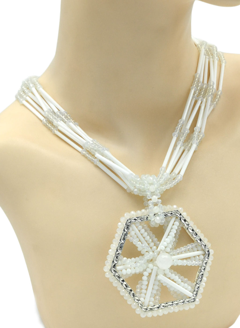 Белые бусы из чешского стекла с подвеской 7нитей, 47см