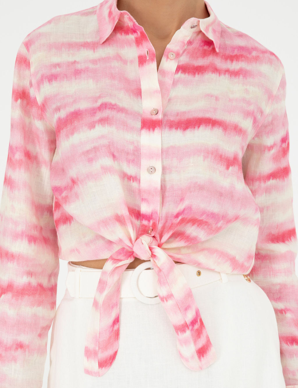 Pembe Crop Top Uzun Kollu Keten G_mlek