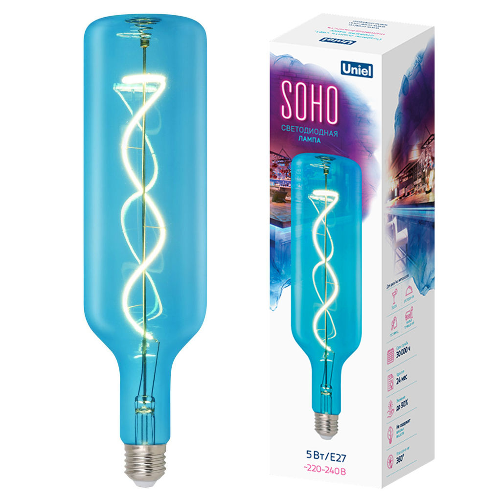 LED-SF21-5W/SOHO/E27/CW BLUE GLS77BL Лампа светодиодная SOHO. Синяя колба. Спиральный филамент. Картон. ТМ Uniel