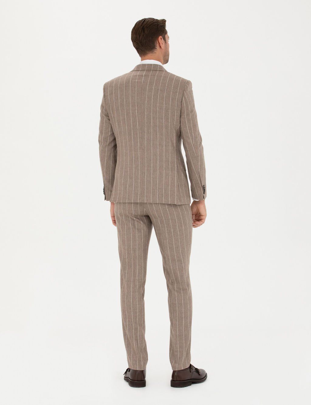Bej _izgili Ekstra Slim Fit Y_n Tak_m Elbise