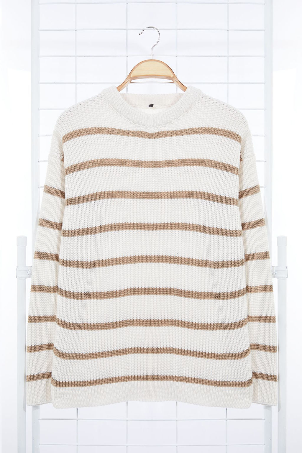 Vizon Casual Oversize Bisiklet Yaka Cizgili Triko Kazak TMNAW23KZ00285