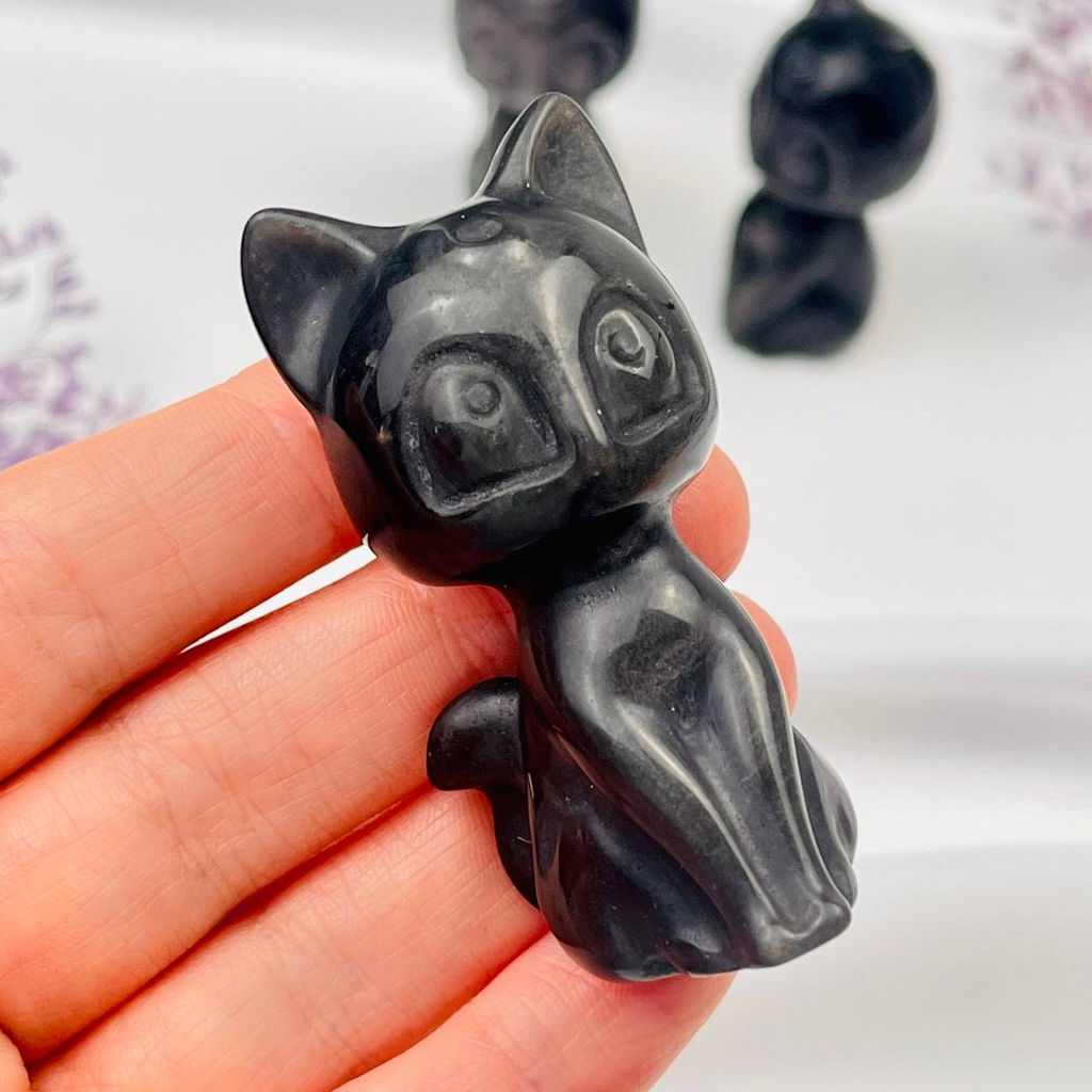 Радуга Самоцветов Фигурка резная Кошка из серебристого Обсидиана  фото 2