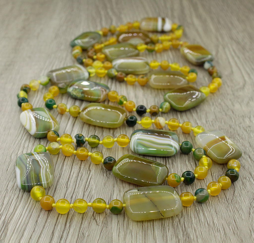 Агат зеленый с желтым (Бразилия), плоские прямоугольные бусины 18x25мм, бусы "Гармония" длиной 116см