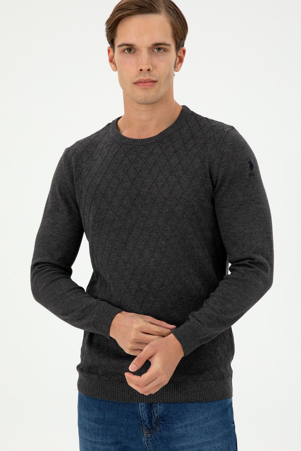 Erkek Slim Fit Bisiklet Yaka Antrasit Melanj Kazak - U.s. polo assn фото 3