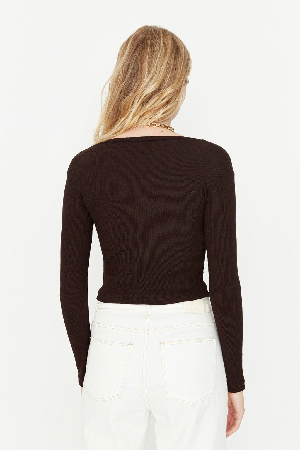 Trendyolmilla Kahverengi-Bej 2li Paket Crop Fitted/Vucuda Oturan V Yaka Fitilli Esnek Orme Bluz TWOAW22BZ0129