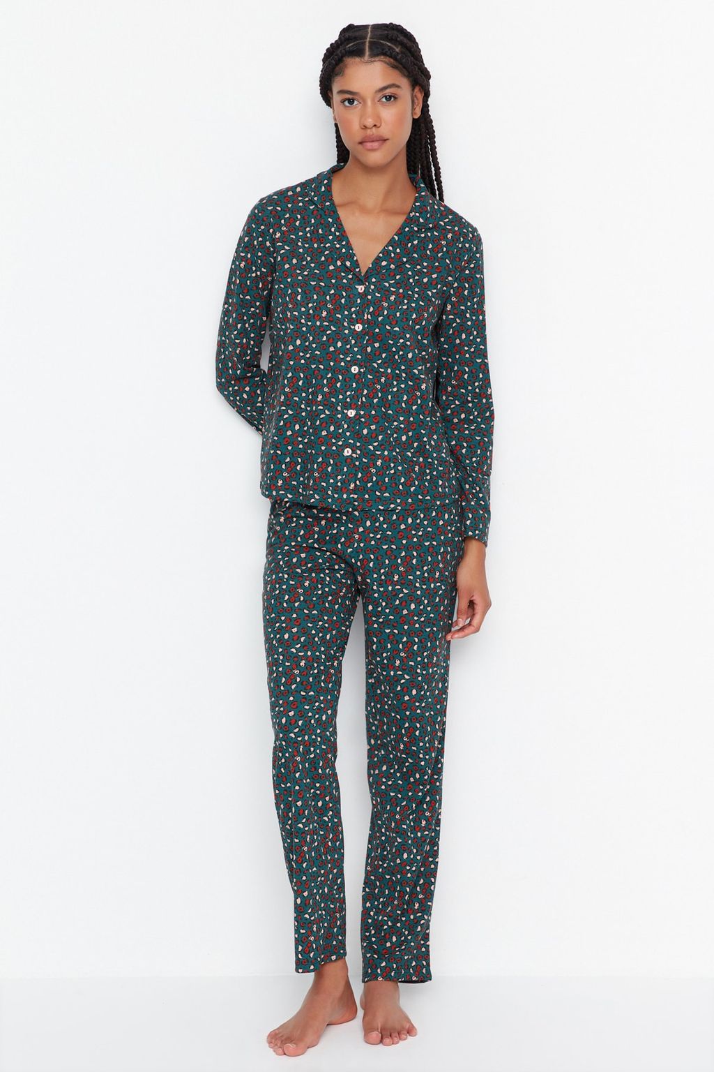 Yesil %100 Pamuklu Leopar Desenli Gomlek Pantolon Orme Pijama Tak?m? THMAW23PT00150
