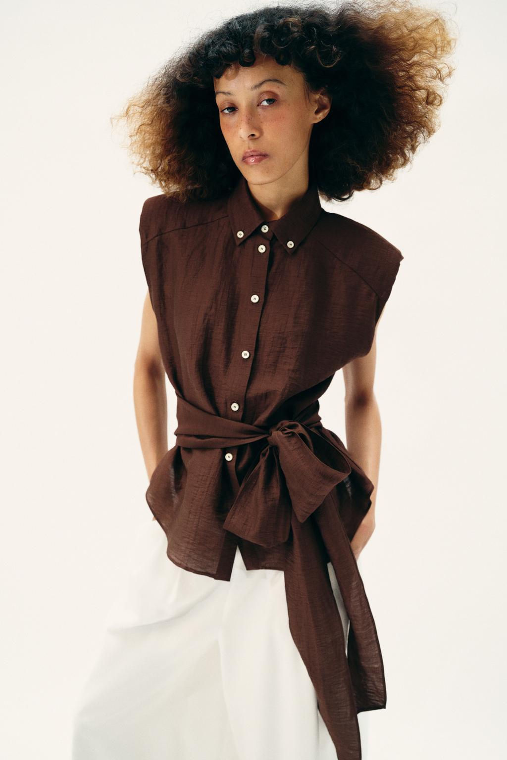 LINEN BLEND SHOULDER PAD TOP WITH BELT - Zara фото 2