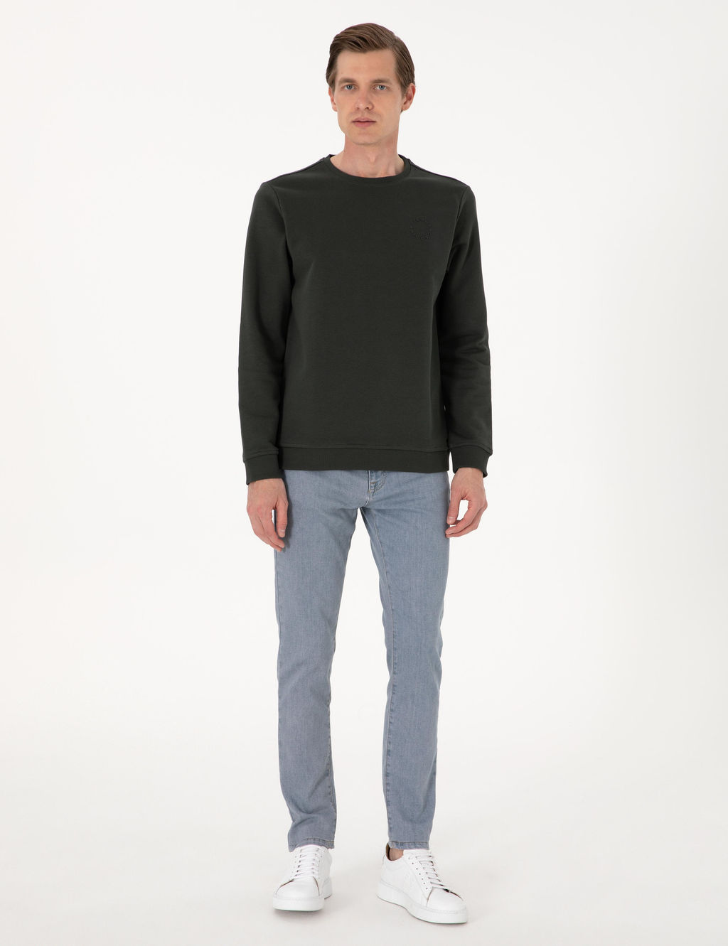 Koyu Ye_il 3 _plik Regular Fit Bisiklet Yaka Basic Sweatshirt
