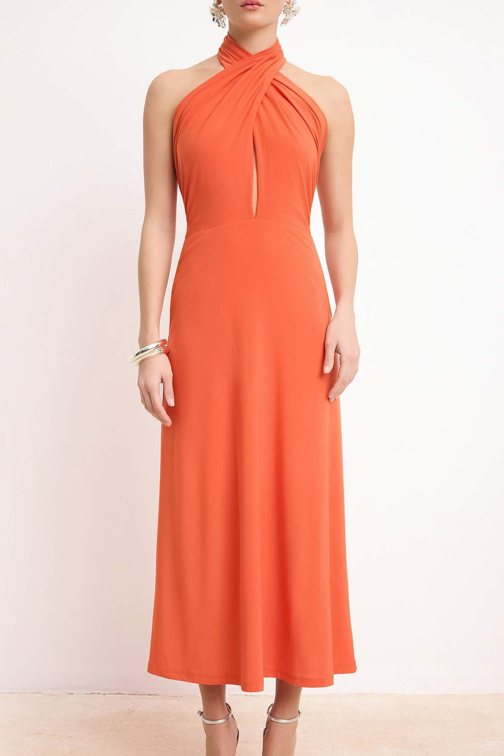 Turuncu Orme Asimetrik Yaka Midi Astarl? Elbise TPRSS26EL00063