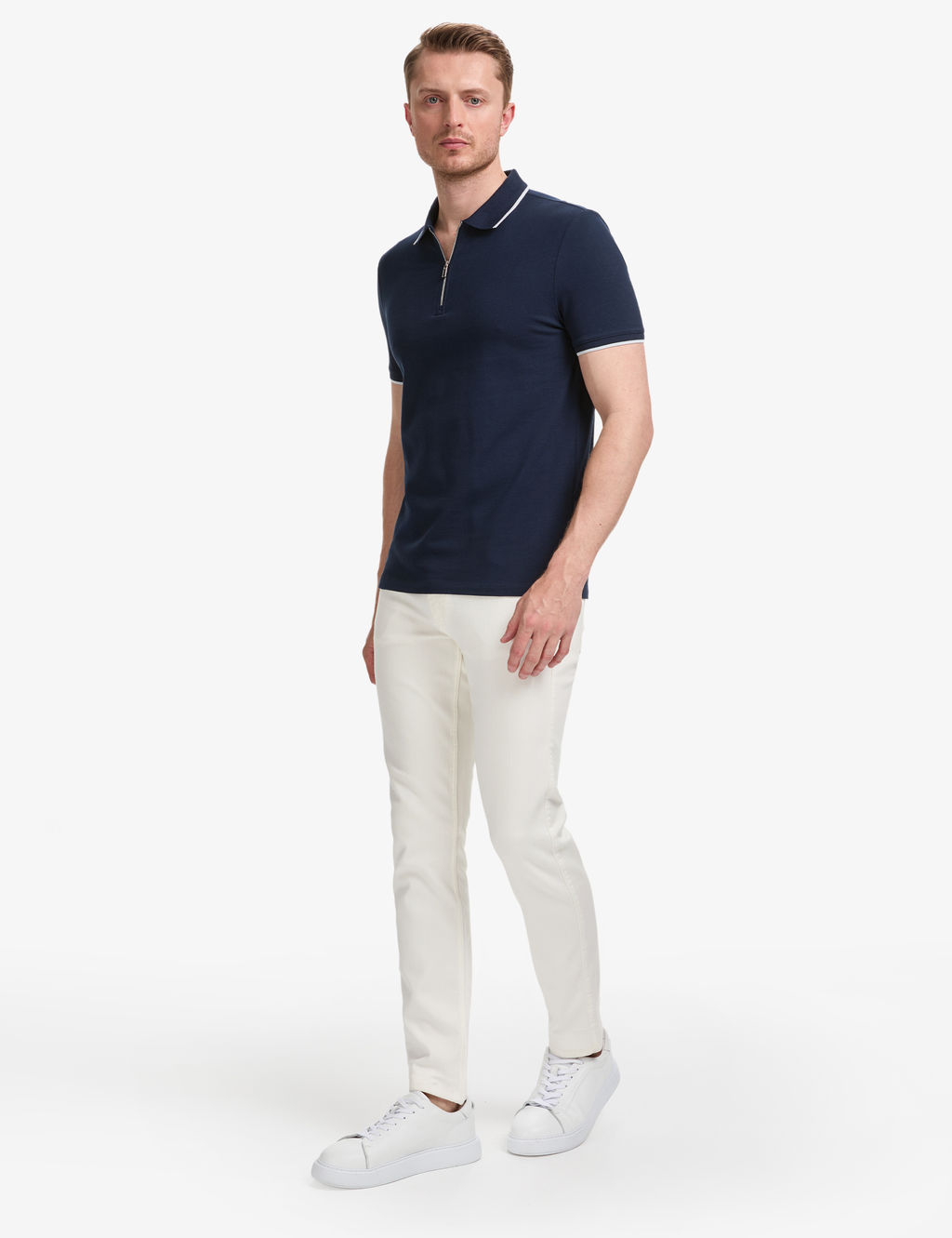 Lacivert Slim Fit %100 Pamuk Fermuarl_ Polo Yaka Ti__rt