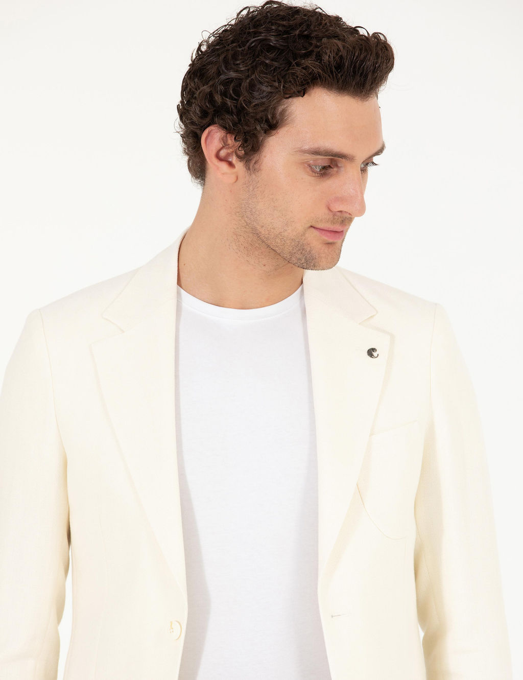 Beyaz Slim Fit Y_n Keten Kar___ml_ Ceket