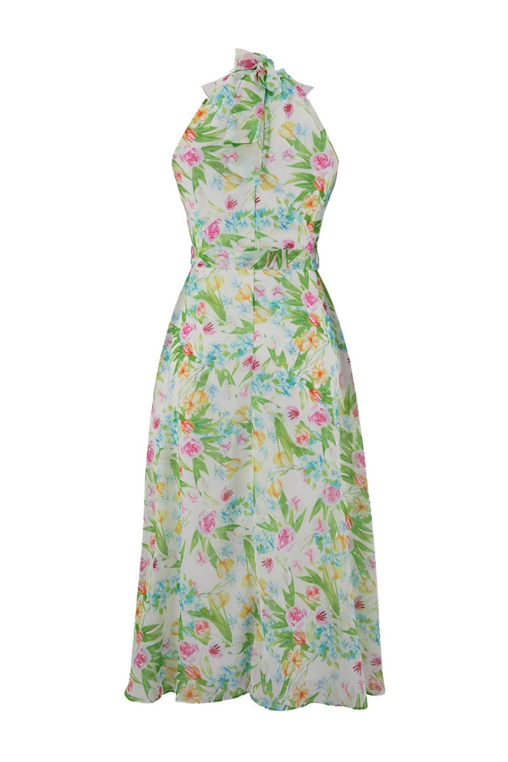 Beyaz Cicek Desenli Kusakl? A Kesim Halter Yaka Astarl? Sifon Ucus Ucus Midi Elbise TWOSS20EL2536